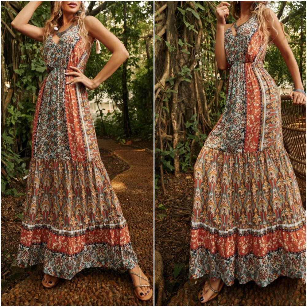 Boho Gypsy Floral Print Tassel Tie Open Back Maxi Dress - Picture 4 of 4